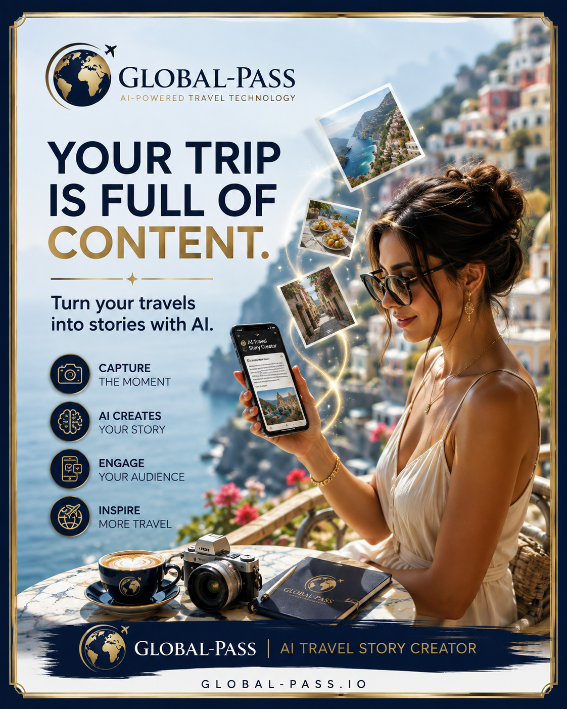 Woman travel content creator using the Global-Pass AI Travel Story Creator to create content from her trip